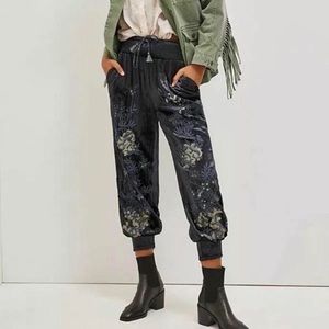 Anthropologie Blue Embroidered Velvet Jogger Large NWT
